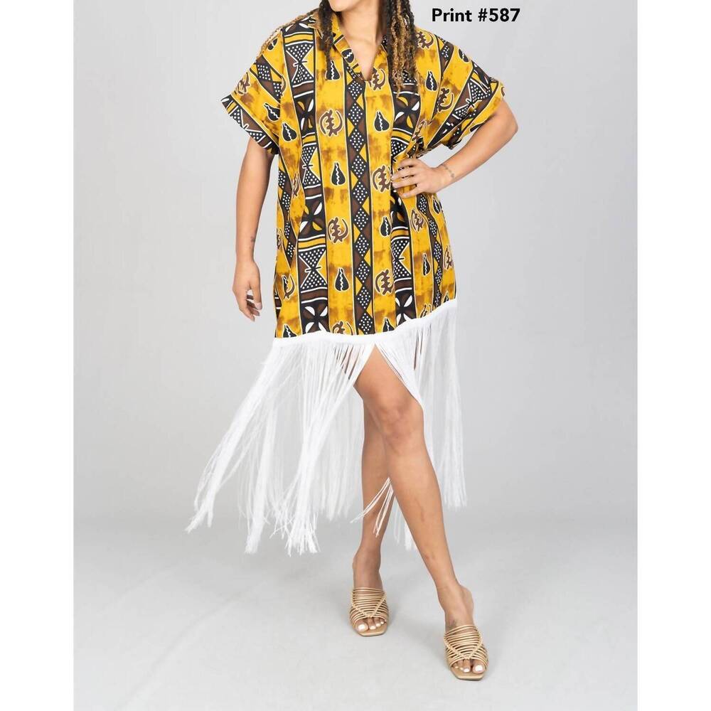 NEW KARA CHIC vivid tribe fringe trim top in yellow/brown
